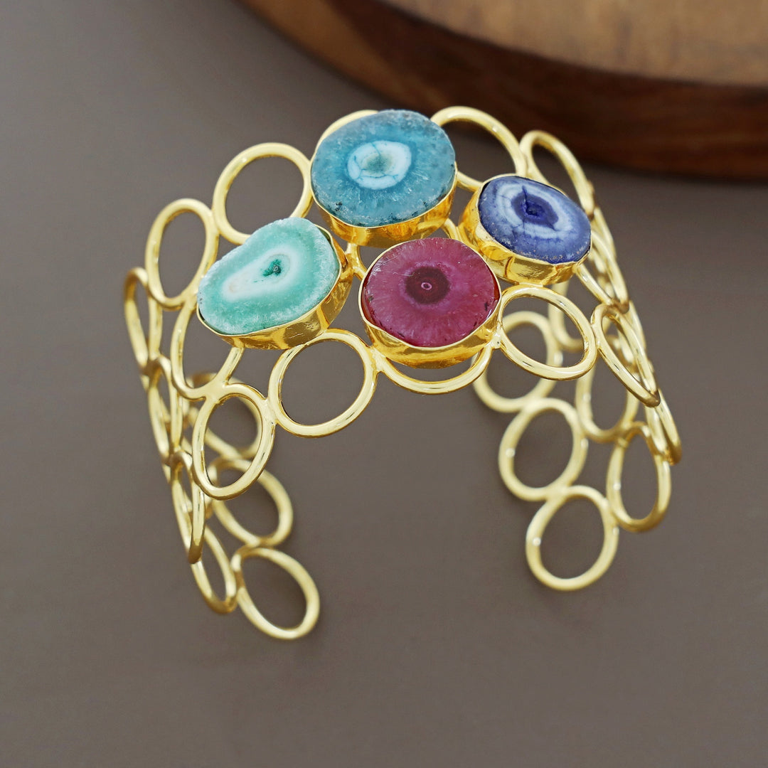 Golden 3 Layer Circle Tetra Agate Stone Earring