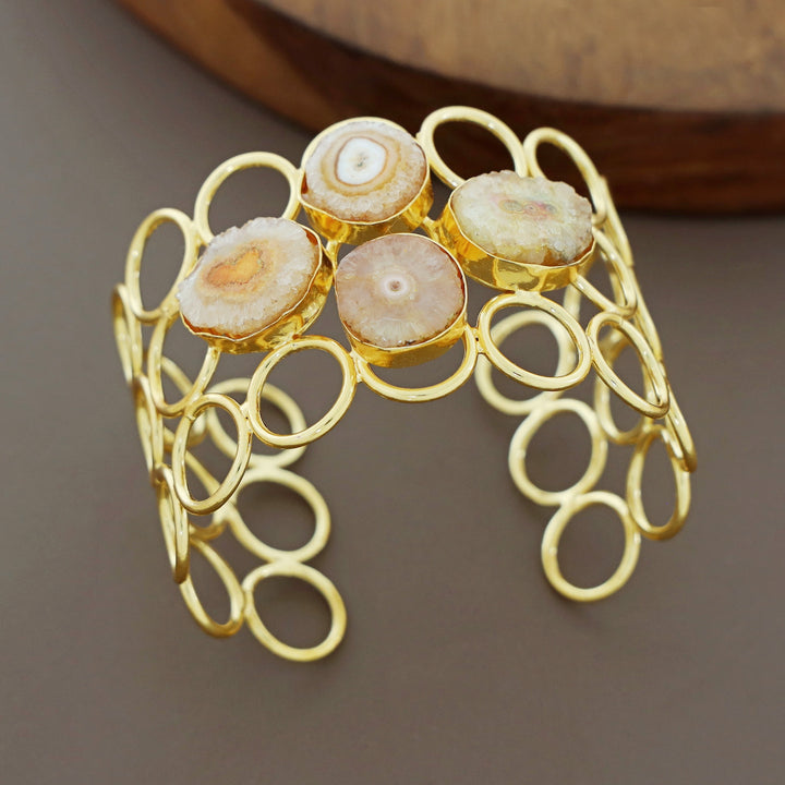 Golden 3 Layer Circle Tetra Agate Stone Earring