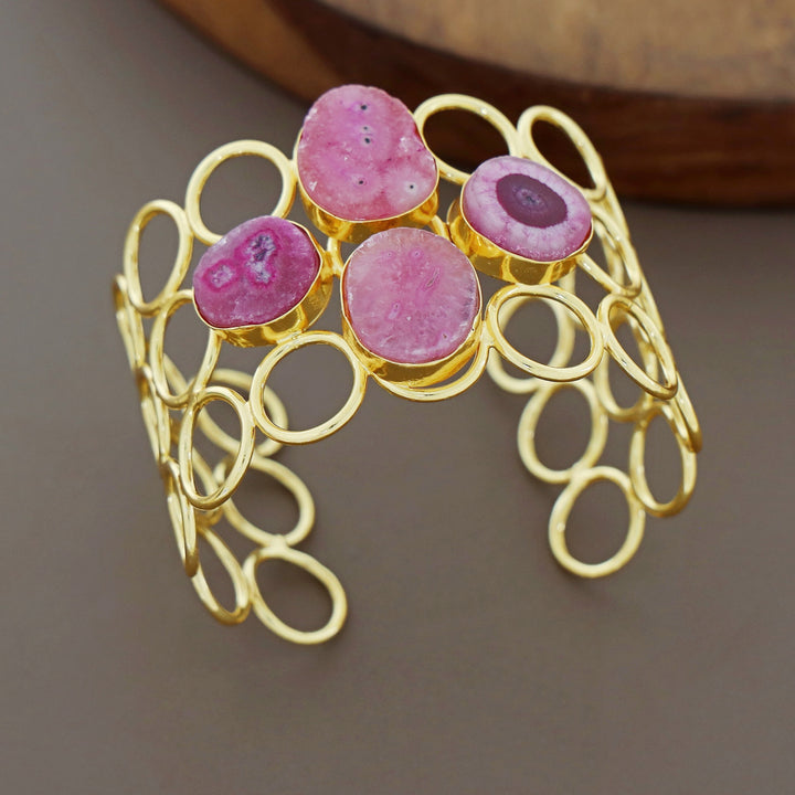 Golden 3 Layer Circle Tetra Agate Stone Earring