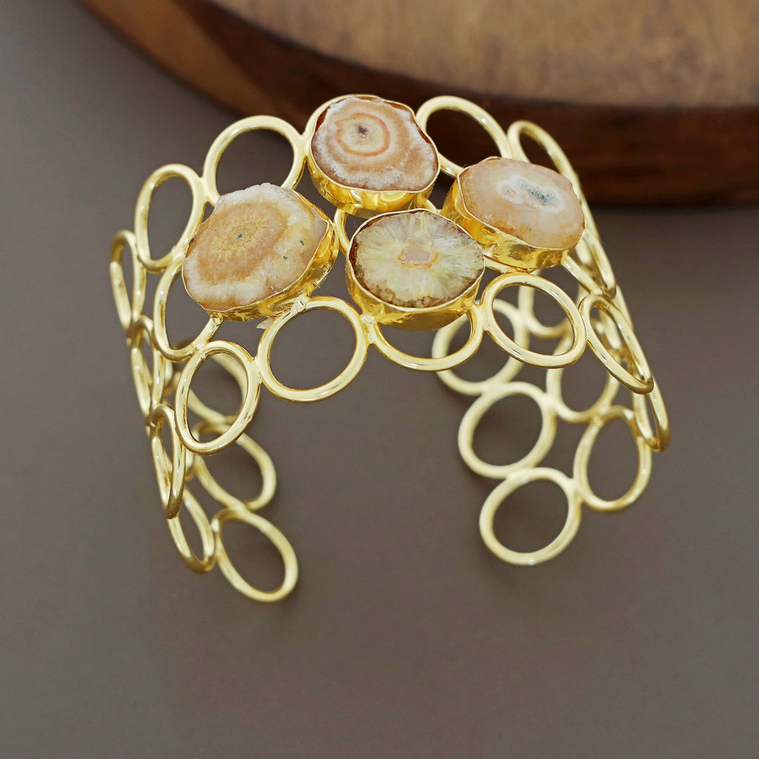 Golden 3 Layer Circle Tetra Agate Stone Earring