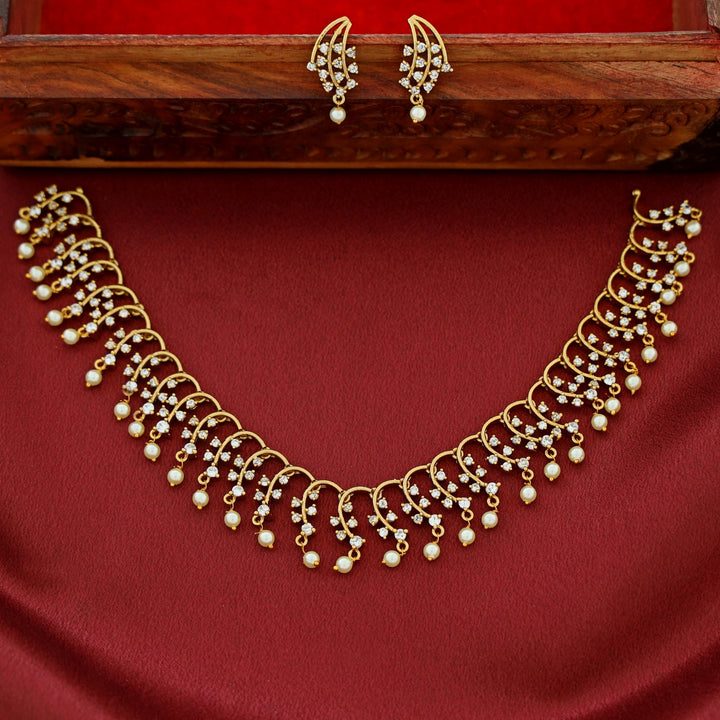 Golden Otzara Aamber AD Neckpiece With Earring