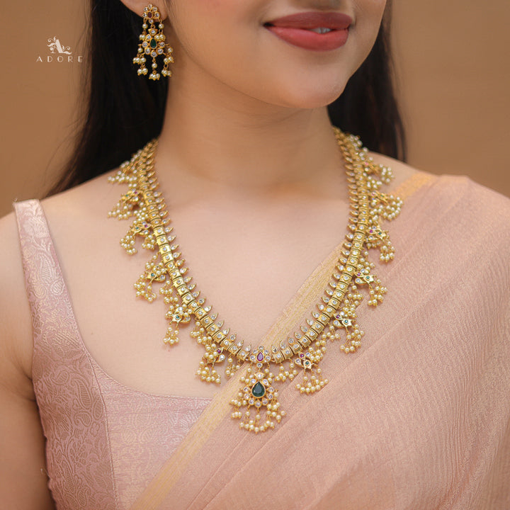 Premium Apsara Pearl Bridal Long Neckpiece With Earring