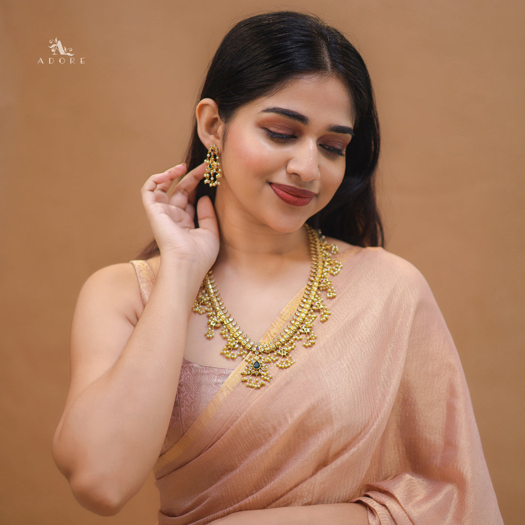 Premium Apsara Pearl Bridal Long Neckpiece With Earring
