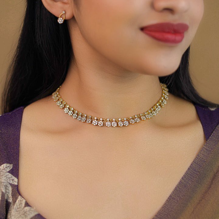 Mithu Sayali Flowery AD Stone Neckpiece With Earring
