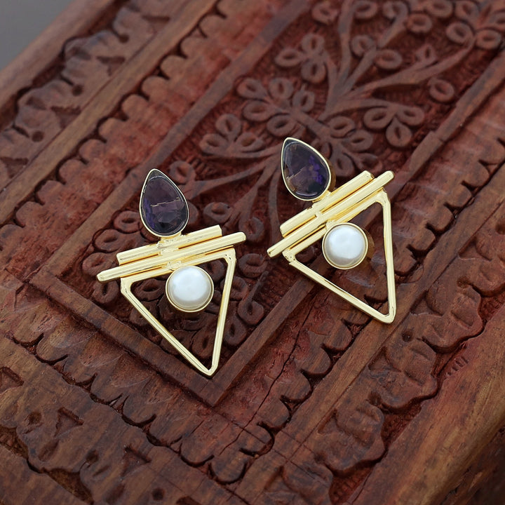 Safiya Golden Triangle Pearl Glossy Earring