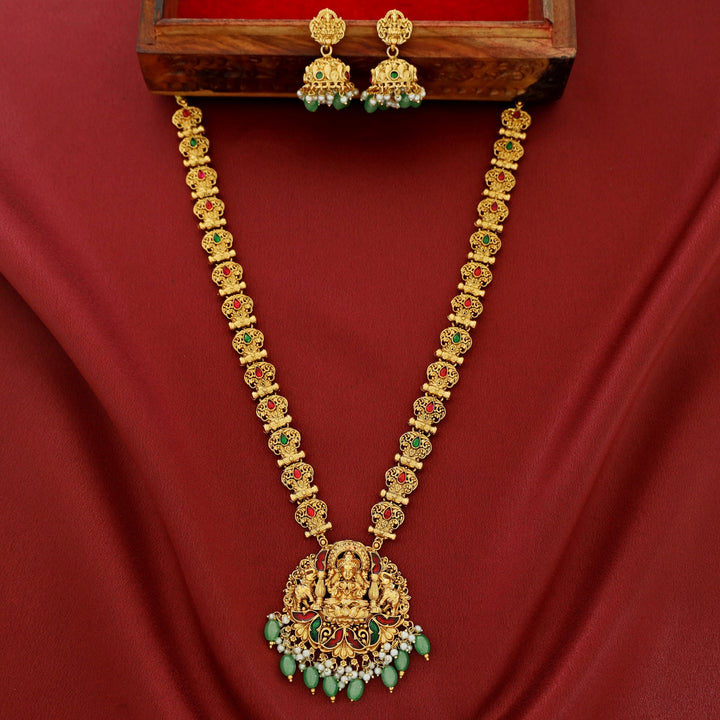 Savitri Devi Golden Stick Long Haram Neckpiece With Earring