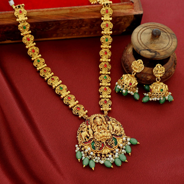 Savitri Devi Golden Stick Long Haram Neckpiece With Earring