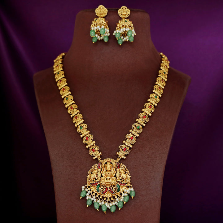 Savitri Devi Golden Stick Long Haram Neckpiece With Earring