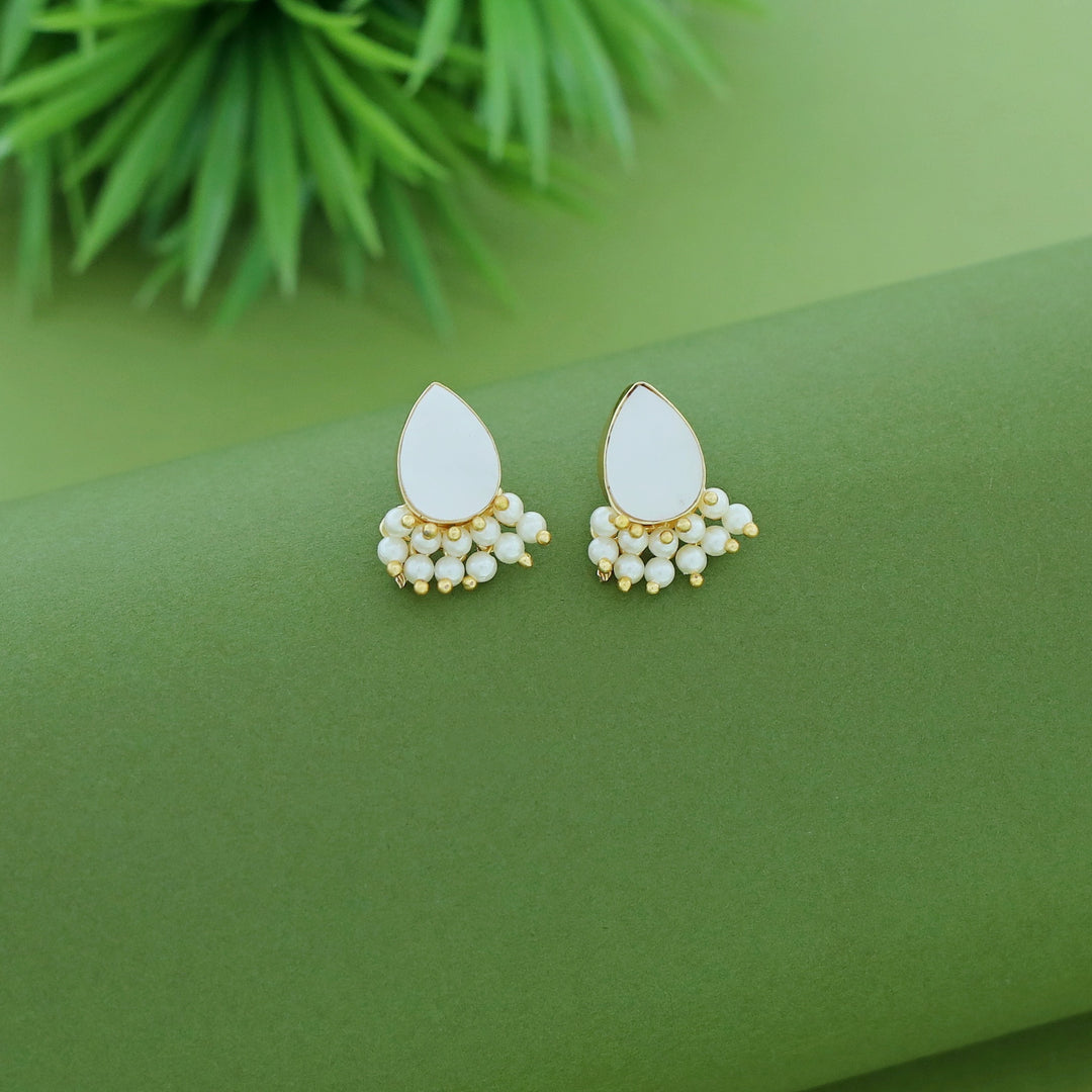 Glossy Drop Half Cluster Pearl Stud