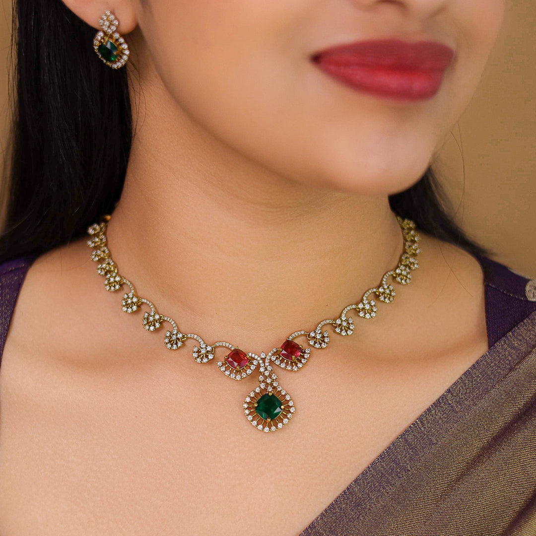 Misbah Flower AD Stone Short Neckpiece With Earring