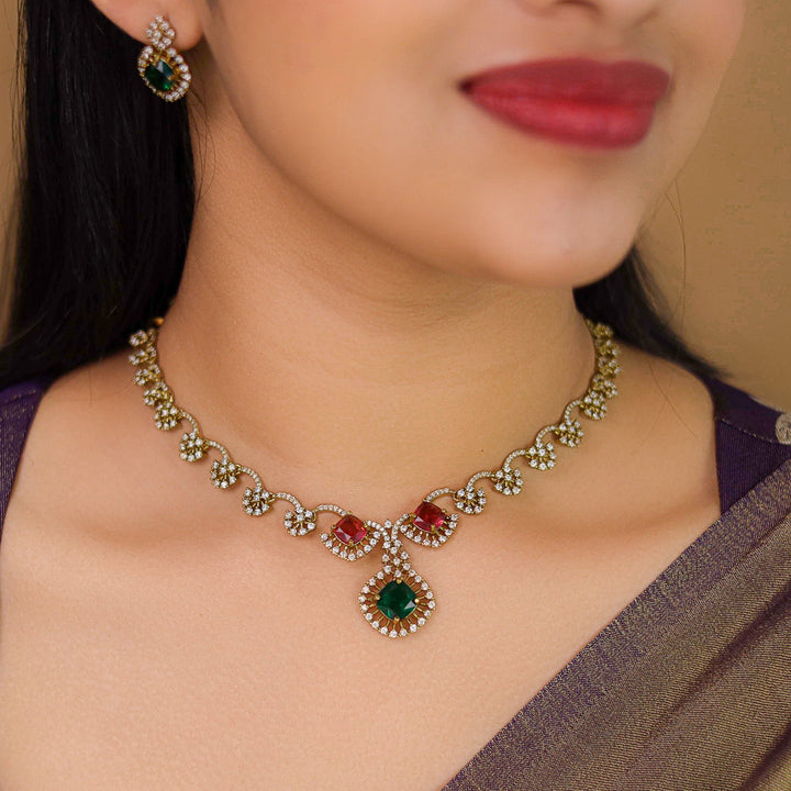 Misbah Flower AD Stone Short Neckpiece With Earring