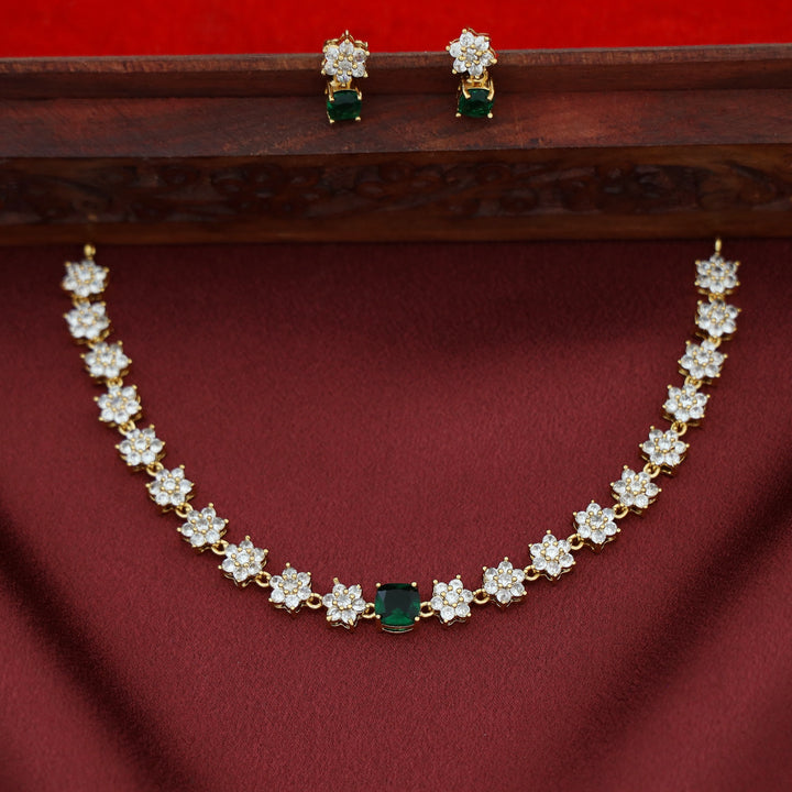 Sayali Flower AD Stone Curved Square  Short Neckpiece/Choker With Earring