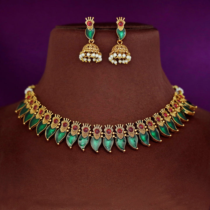 Bhuvana Palakka Mango Short Neckpiece With Earring