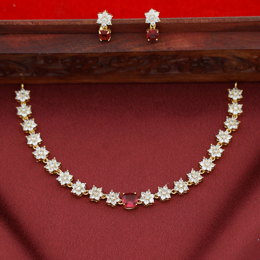 Sayali Flower AD Stone Curved Square  Short Neckpiece/Choker With Earring