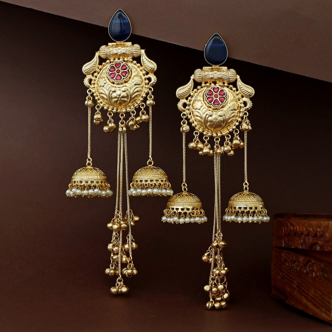 Bangari Golden Hanging Ghungroo Kashmiri Dual Jhumka