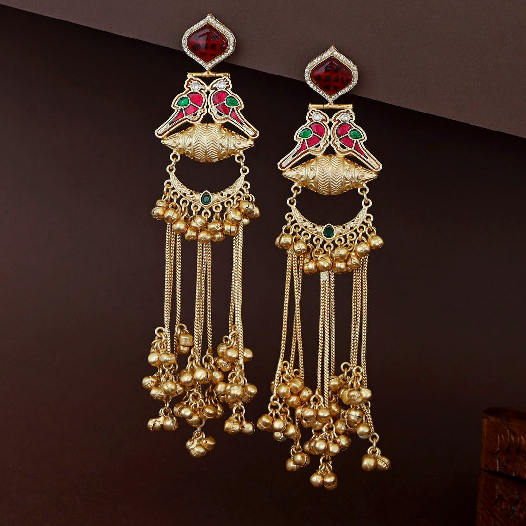 Meena Jadau Kundan Twin Bird Hanging Ghungroo Kashmiri Earring