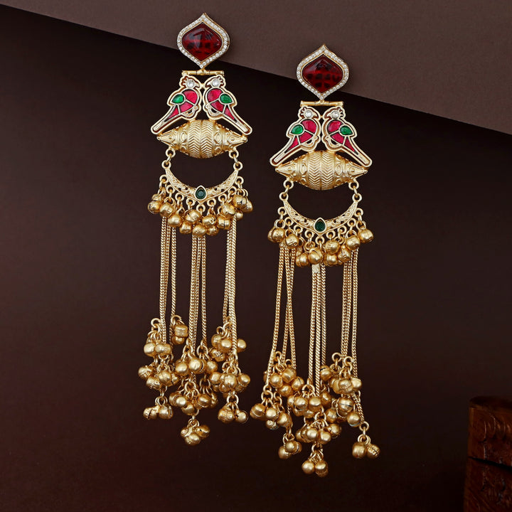 Meena Jadau Kundan Twin Bird Hanging Ghungroo Kashmiri Earring