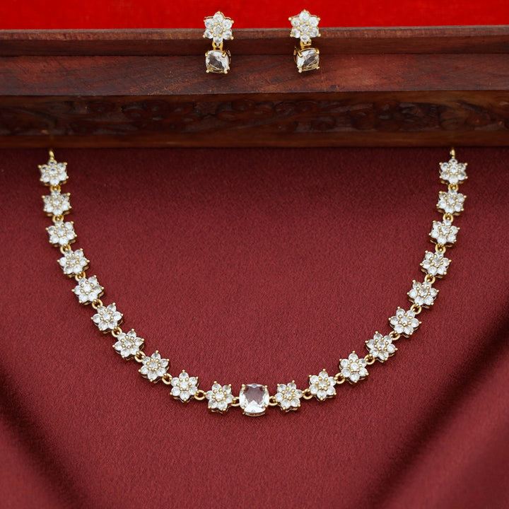 Sayali Flower AD Stone Curved Square  Short Neckpiece/Choker With Earring