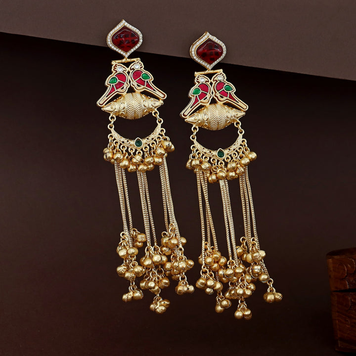 Meena Jadau Kundan Twin Bird Hanging Ghungroo Kashmiri Earring