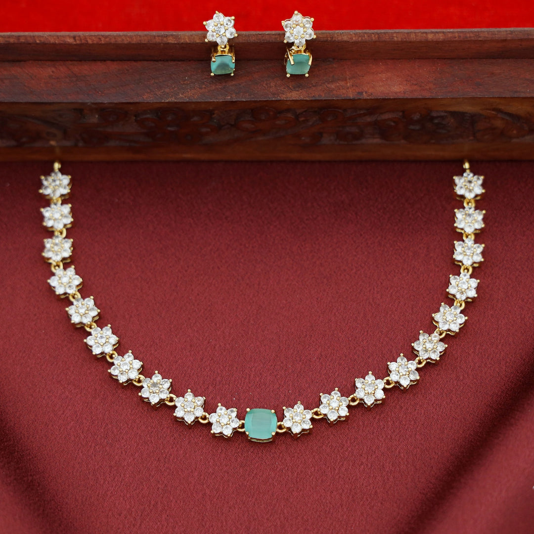 Sayali Flower AD Stone Curved Square  Short Neckpiece/Choker With Earring