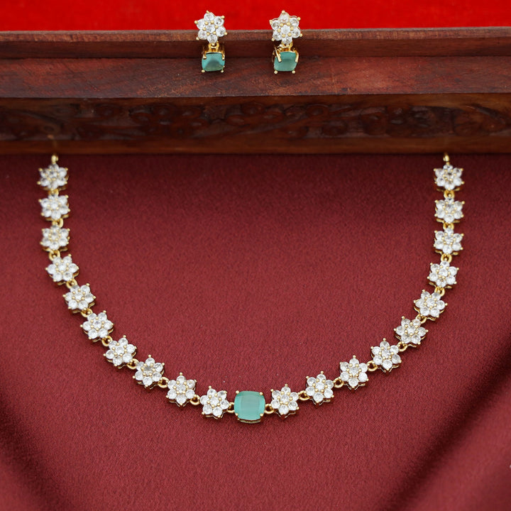 Sayali Flower AD Stone Curved Square  Short Neckpiece/Choker With Earring