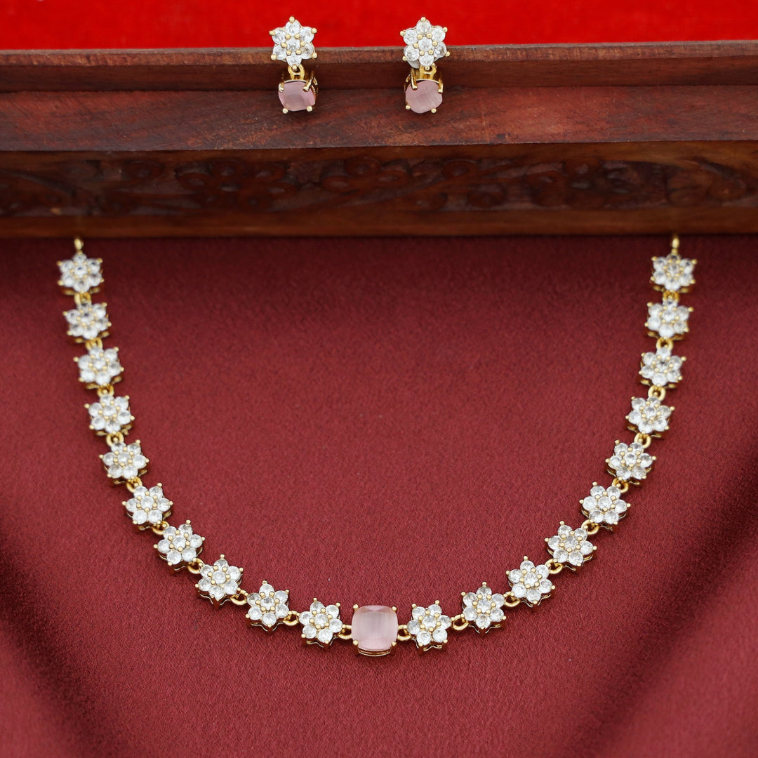 Sayali Flower AD Stone Curved Square  Short Neckpiece/Choker With Earring