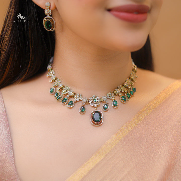 Advitha Glossy Floral AD Stone Neckpiece With Earring