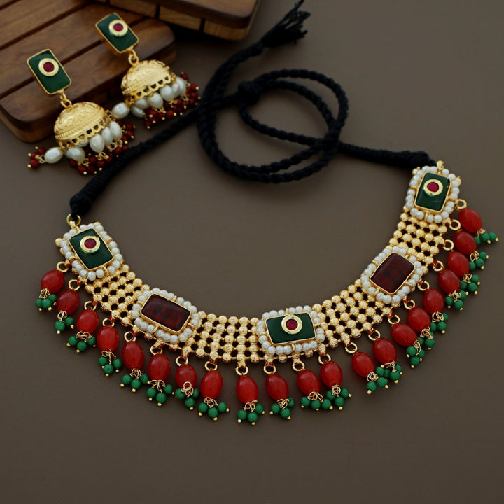 Golden Ball Rectangle Glossy Beaded Short Neckpiece With Earring