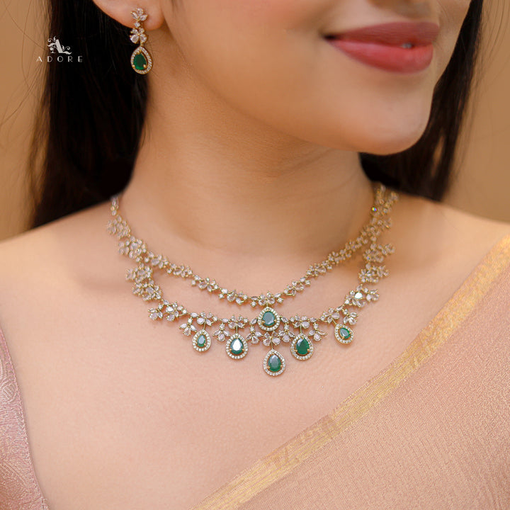Premium 2 Layer Dew Drops AD Short Neckpiece with Earring