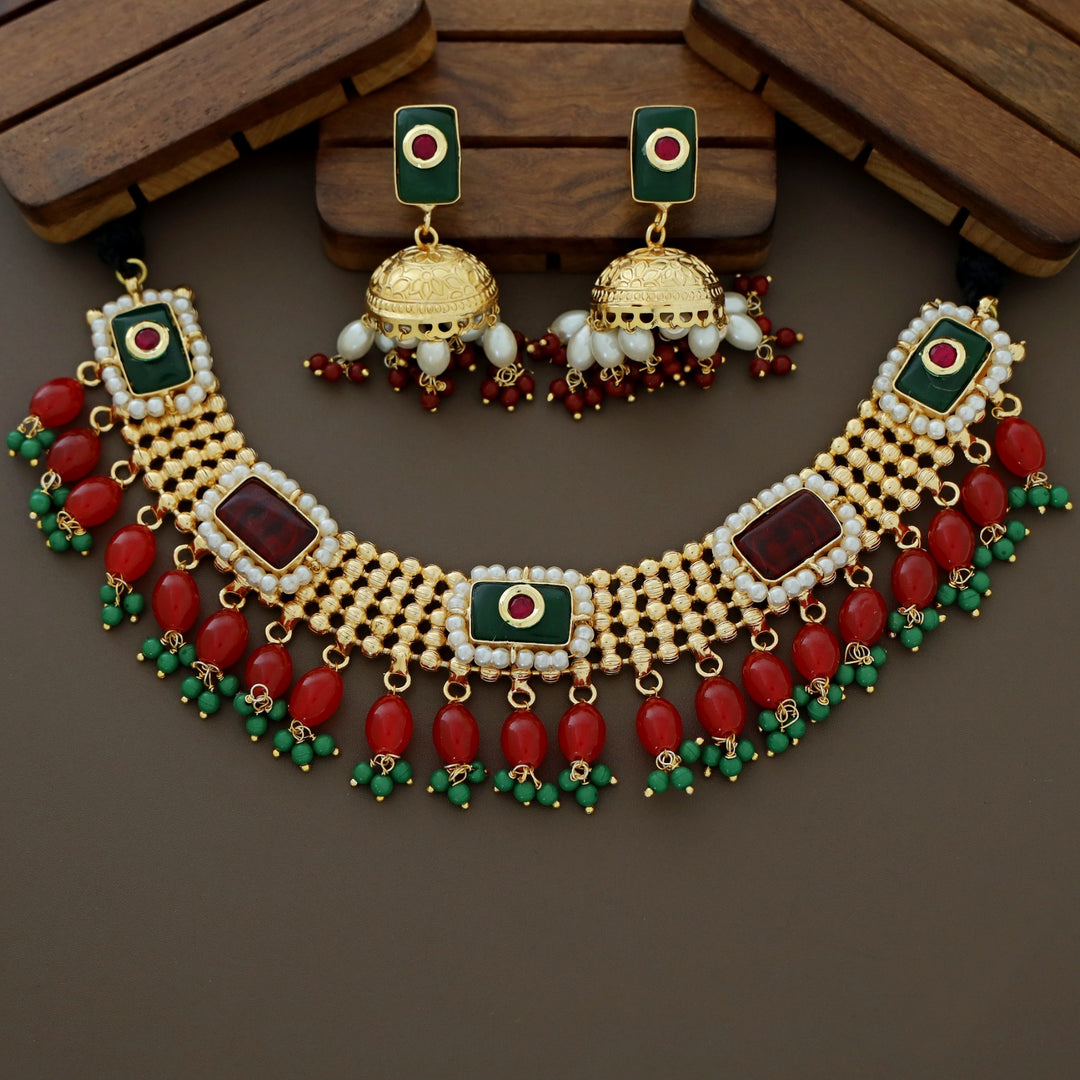 Golden Ball Rectangle Glossy Beaded Short Neckpiece With Earring