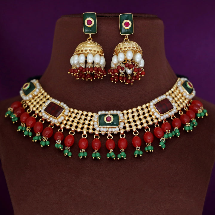 Golden Ball Rectangle Glossy Beaded Short Neckpiece With Earring