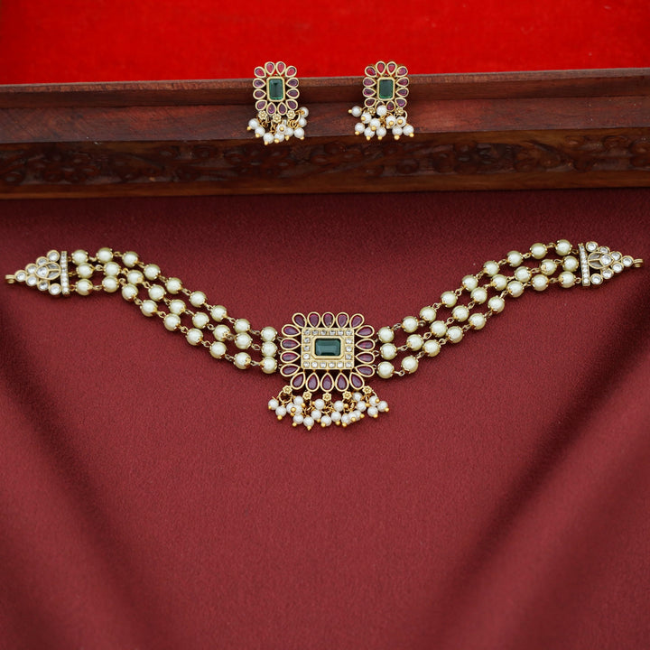 Vasundara 3 Layer Pearl Choker With Earring