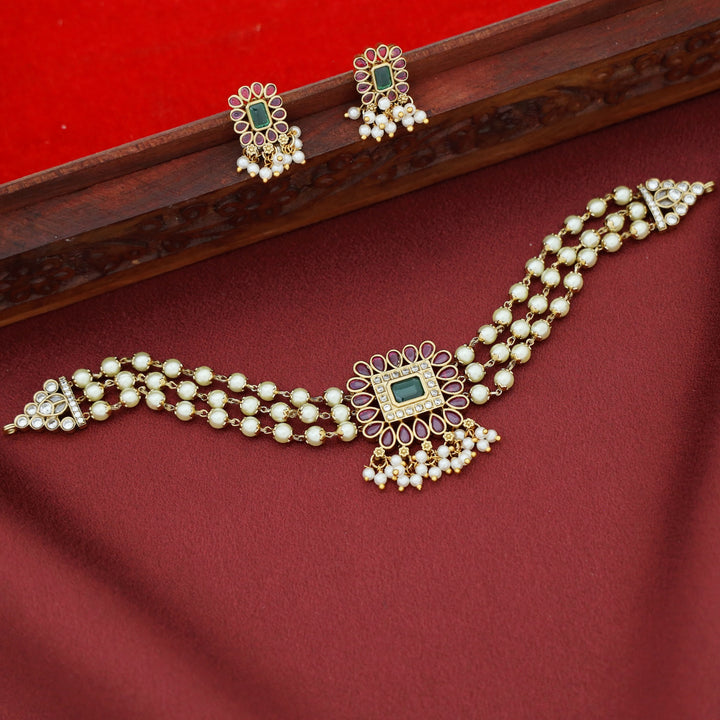 Vasundara 3 Layer Pearl Choker With Earring