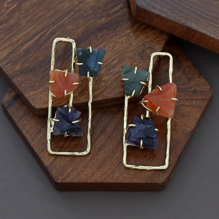 Golden Semi Rectangular Tri Raw Stone Earring