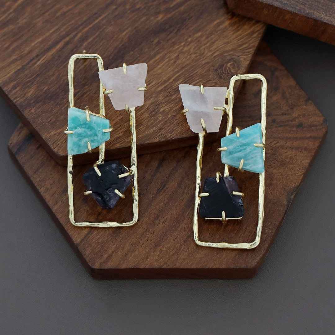 Golden Semi Rectangular Tri Raw Stone Earring