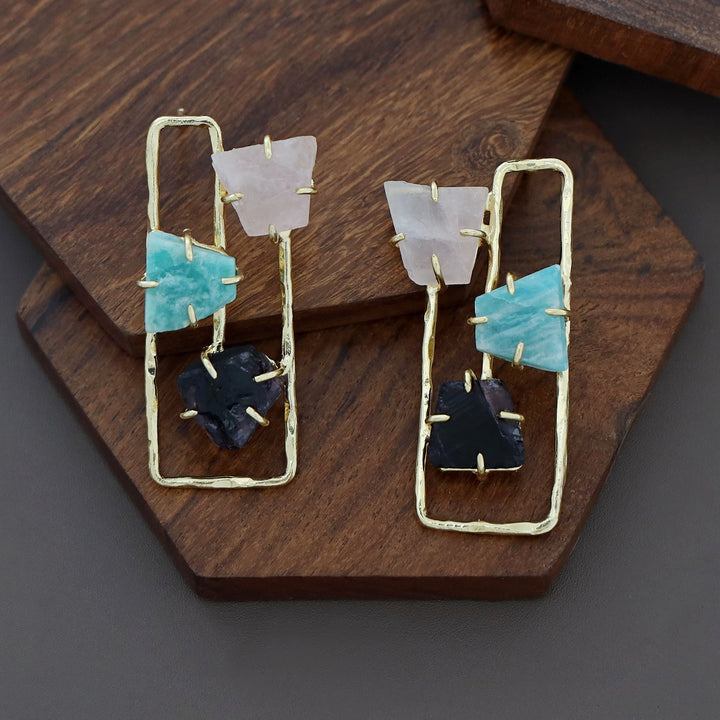 Golden Semi Rectangular Tri Raw Stone Earring
