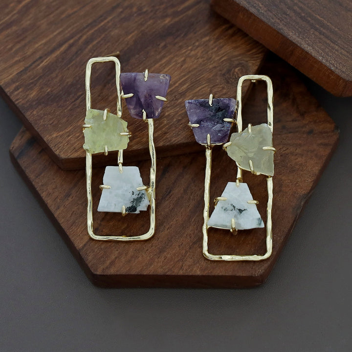 Golden Semi Rectangular Tri Raw Stone Earring