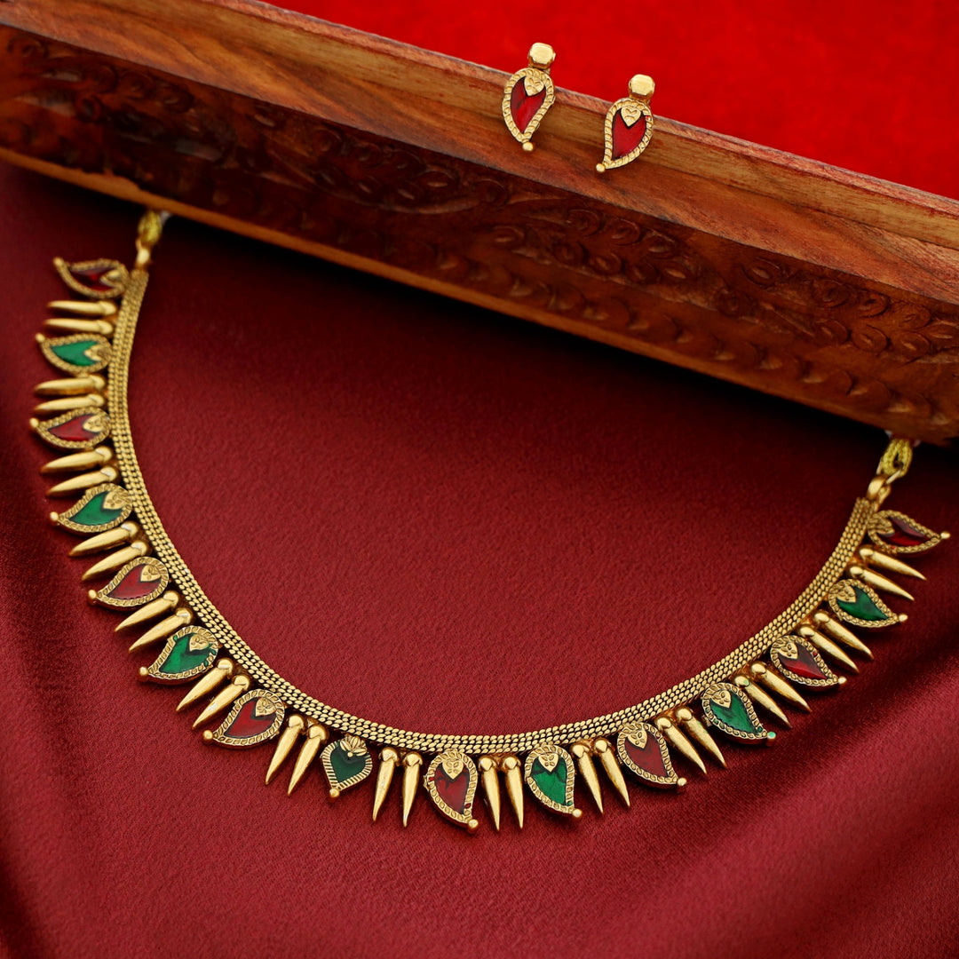 Adhiksha Enamel Palakka Short Neckpiece With Earring