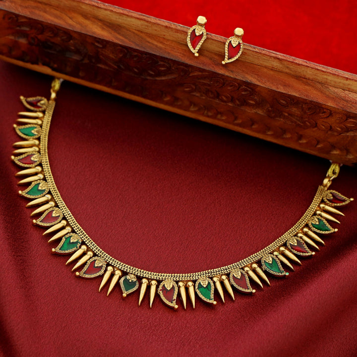 Adhiksha Enamel Palakka Short Neckpiece With Earring