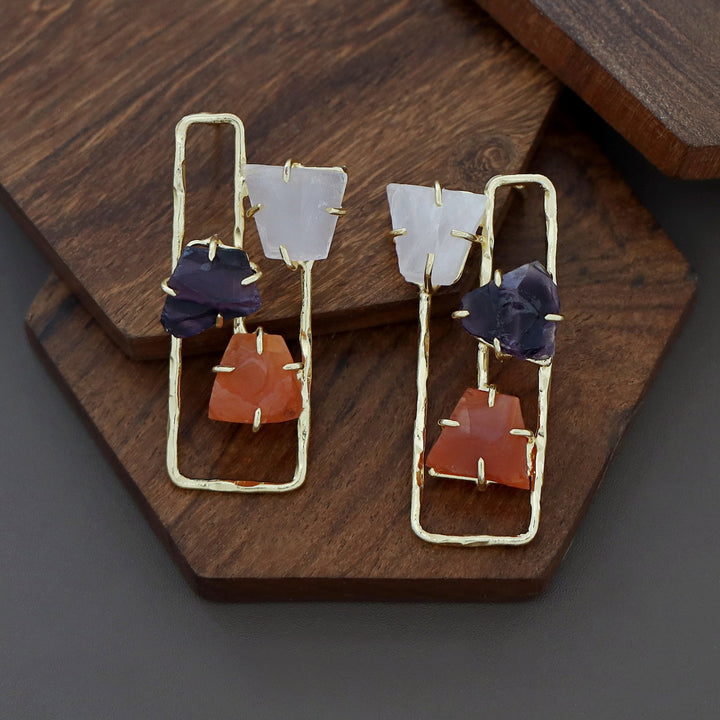 Golden Semi Rectangular Tri Raw Stone Earring