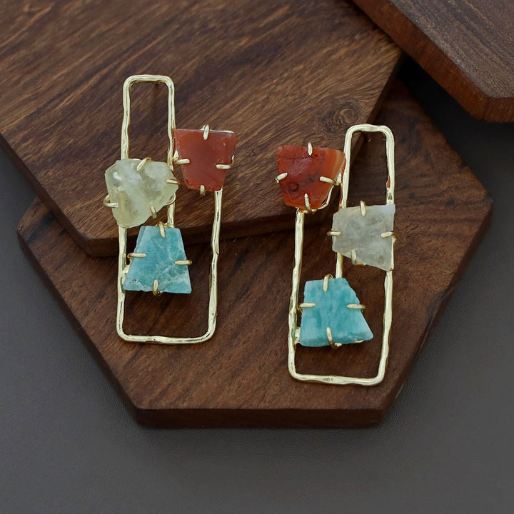 Golden Semi Rectangular Tri Raw Stone Earring