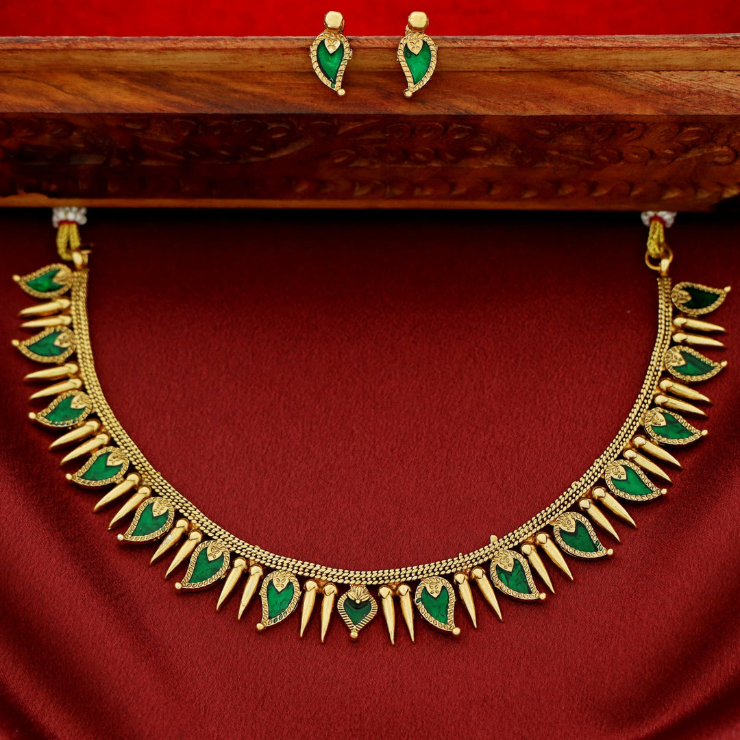 Adhiksha Enamel Palakka Short Neckpiece With Earring
