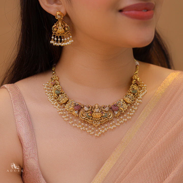 Premium Ayushi Pearl AD Stone Short Neckpiece With Earring