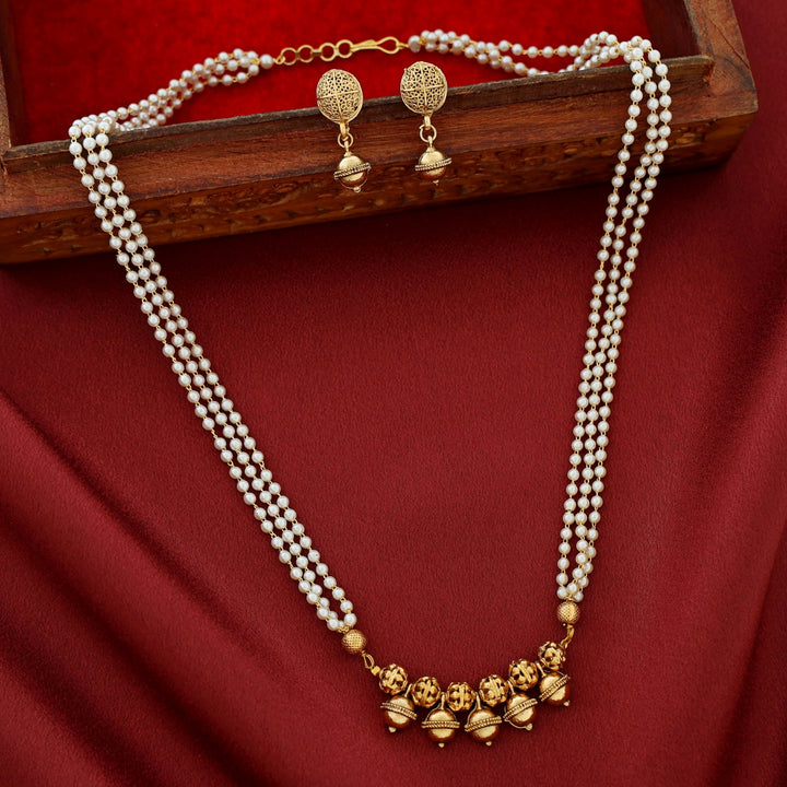 Amiya 3 Layer Pearl Golden Ball Neckpiece  With Earring