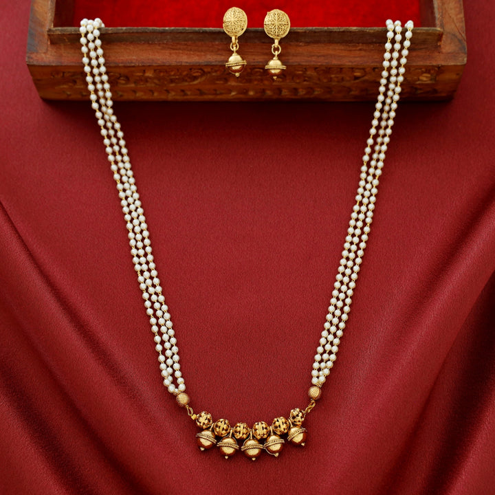 Amiya 3 Layer Pearl Golden Ball Neckpiece  With Earring