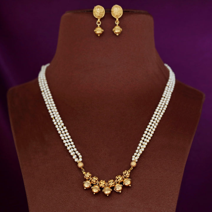Amiya 3 Layer Pearl Golden Ball Neckpiece  With Earring