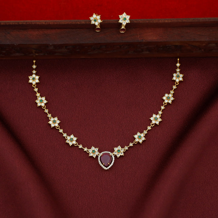 Devangi AD Stone Floral Drop Short Neckpiece With Earring