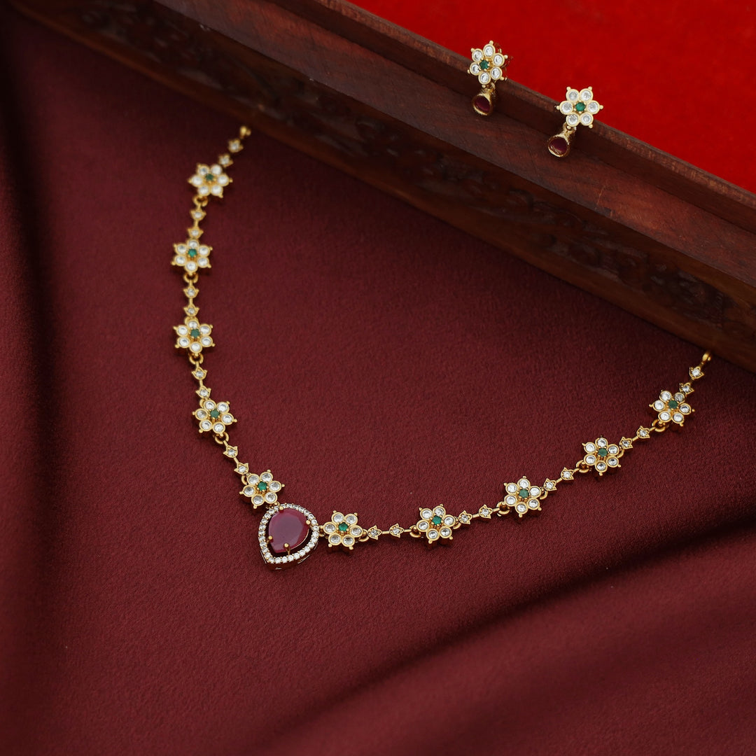 Devangi AD Stone Floral Drop Short Neckpiece With Earring