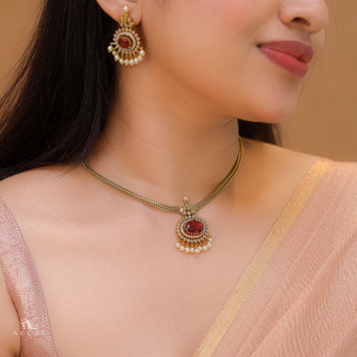 Vishita AD Stone Cluster Pearl Neckpiece With Earring