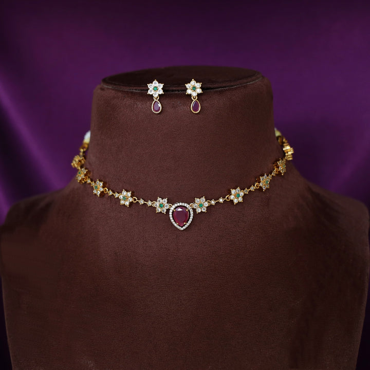 Devangi AD Stone Floral Drop Short Neckpiece With Earring